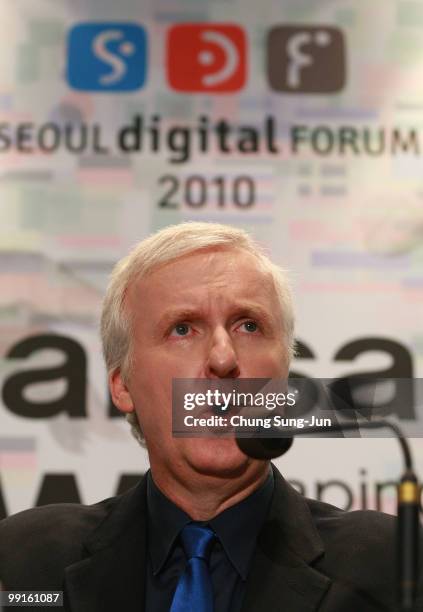 Film director James Cameron makes a speech during the press conference after his key note of the "Seoul Digital Forum 2010" at Walkerhill hotel on...