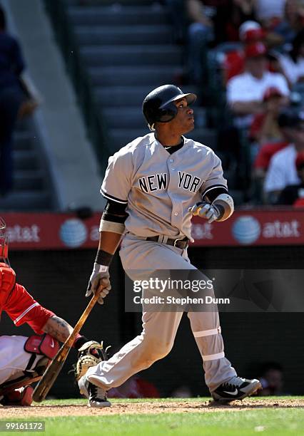 Robinson Cano of the New York Yankees bats against the Los Angeles Angels of Anaheim on April 24, 2010 at Angel Stadium in Anaheim, California. The...