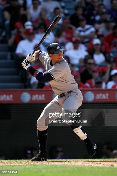 Alex Rodriguez of the New York Yankees bats against the Los Angeles Angels of Anaheim on April 24, 2010 at Angel Stadium in Anaheim, California. The...