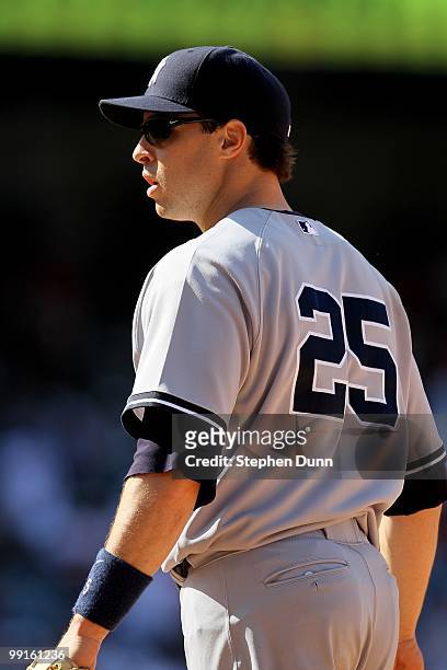 Mark Teixeira of the New York Yankees plays at first base against the Los Angeles Angels of Anaheim on April 24, 2010 at Angel Stadium in Anaheim,...