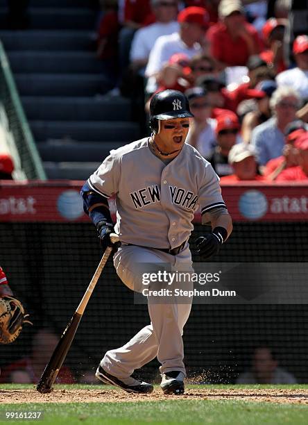 Nick Swisher of the New York Yankees bats against the Los Angeles Angels of Anaheim on April 24, 2010 at Angel Stadium in Anaheim, California. The...