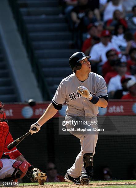Mark Teixeira of the New York Yankees bats against the Los Angeles Angels of Anaheim on April 24, 2010 at Angel Stadium in Anaheim, California. The...