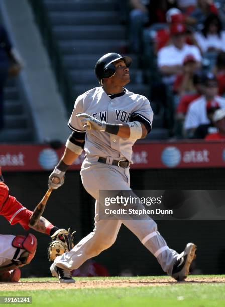 Robinson Cano of the New York Yankees bats against the Los Angeles Angels of Anaheim on April 24, 2010 at Angel Stadium in Anaheim, California. The...