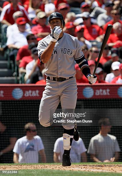 Alex Rodriguez of the New York Yankees bats against the Los Angeles Angels of Anaheim on April 24, 2010 at Angel Stadium in Anaheim, California. The...