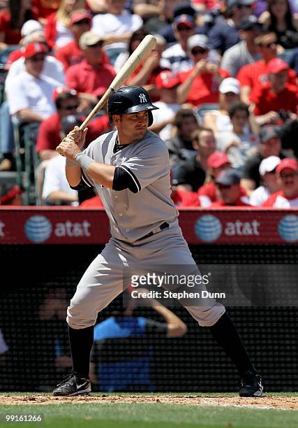 Francisco Cervelli of the New York Yankees bats against the Los Angeles Angels of Anaheim on April 24, 2010 at Angel Stadium in Anaheim, California....