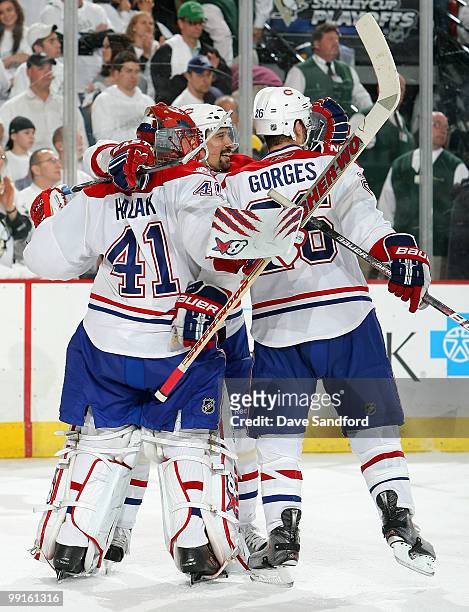 Jaroslav Halak of the Montreal Canadiens celebrates his team's win over the Pittsburgh Penguins and advancement to the Conference Finals with...