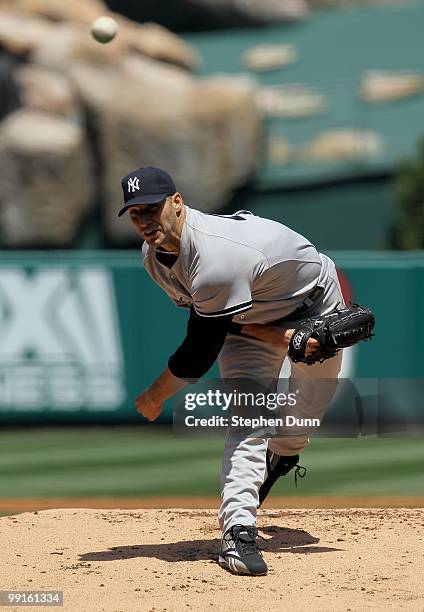 Andy Pettitte of the New York Yankees throws a pitch against the Los Angeles Angels of Anaheim on April 24, 2010 at Angel Stadium in Anaheim,...