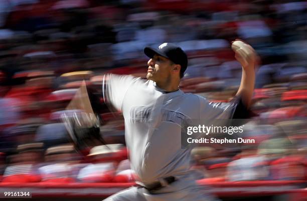 Andy Pettitte of the New York Yankees throws a pitch against the Los Angeles Angels of Anaheim on April 24, 2010 at Angel Stadium in Anaheim,...