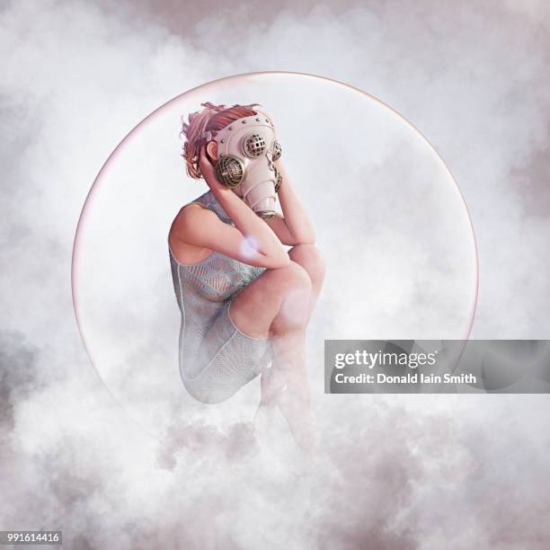 woman wearing gas mask inside glass sphere surrounded by clouds of pollution - air respirator mask stock pictures, royalty-free photos & images