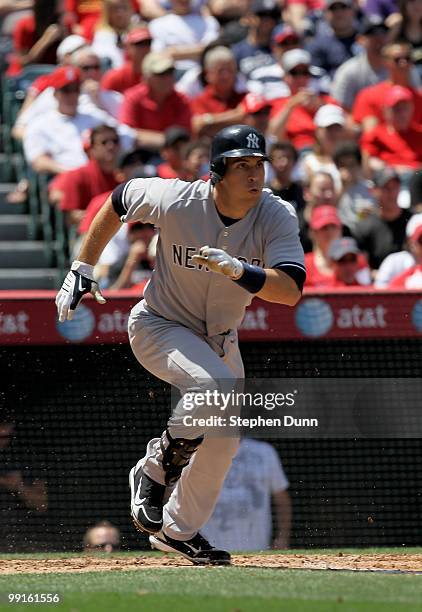 Mark Teixeira of the New York Yankees bats against the Los Angeles Angels of Anaheim on April 24, 2010 at Angel Stadium in Anaheim, California. The...