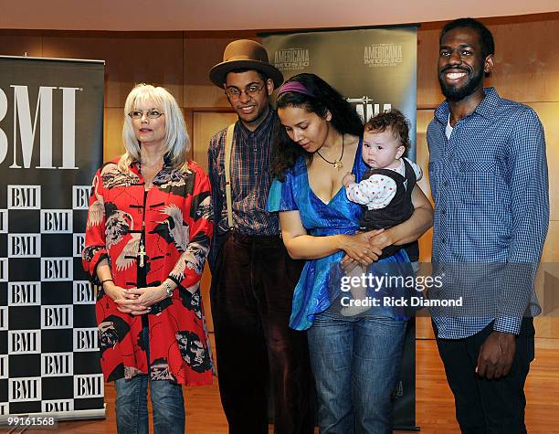 Singer/Songwriter Emmylou Harris and The Carolina Chocolate Drops, Dom Flemonds, Rhiannon Giddens and Justin Robinson perform at the 2010 Americana...