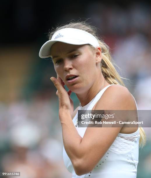 Caroline Wozniacki during her match against Ekaterina Makarova at All England Lawn Tennis and Croquet Club on July 4, 2018 in London, England.