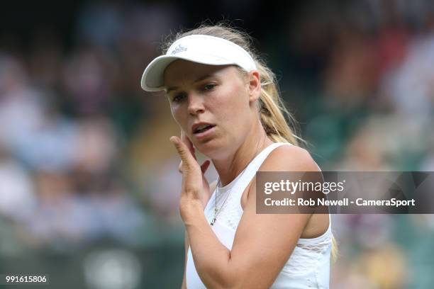 Caroline Wozniacki during her match against Ekaterina Makarova at All England Lawn Tennis and Croquet Club on July 4, 2018 in London, England.