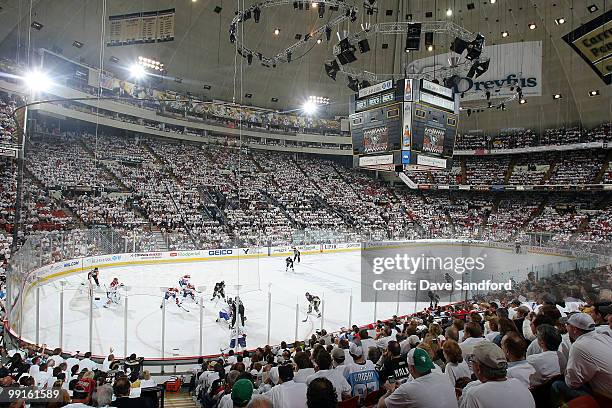 The Montreal Canadiens and Pittsburgh Penguins get set for a faceoff late in the third period of what was the final game played in the Mellon Arena...