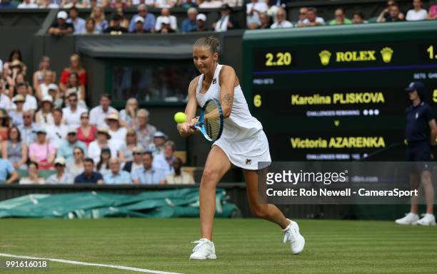 Karolina Pliskova during her match against Victoria Azarenka at All England Lawn Tennis and Croquet Club on July 4, 2018 in London, England.