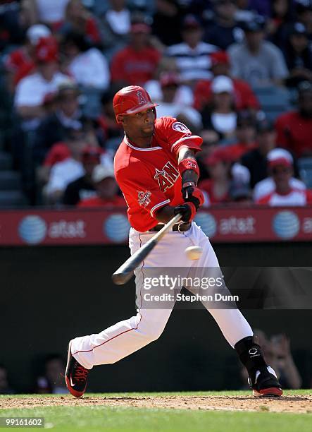 Torii Hunter of the Los Angeles Angels of Anaheim bats against the New York Yankees on April 24, 2010 at Angel Stadium in Anaheim, California. The...