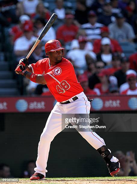 Torii Hunter of the Los Angeles Angels of Anaheim bats against the New York Yankees on April 24, 2010 at Angel Stadium in Anaheim, California. The...