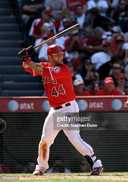 Mike Napoli of the Los Angeles Angels of Anaheim bats against the New York Yankees on April 24, 2010 at Angel Stadium in Anaheim, California. The...