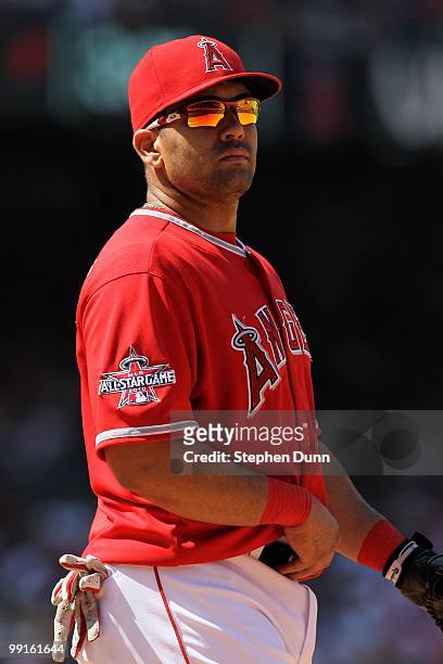 Kendry Morales of the Los Angeles Angels of Anaheim plays at first base against the New York Yankees on April 24, 2010 at Angel Stadium in Anaheim,...