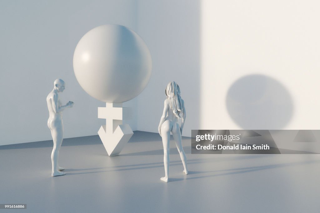 Man and woman stand beside transgender symbol