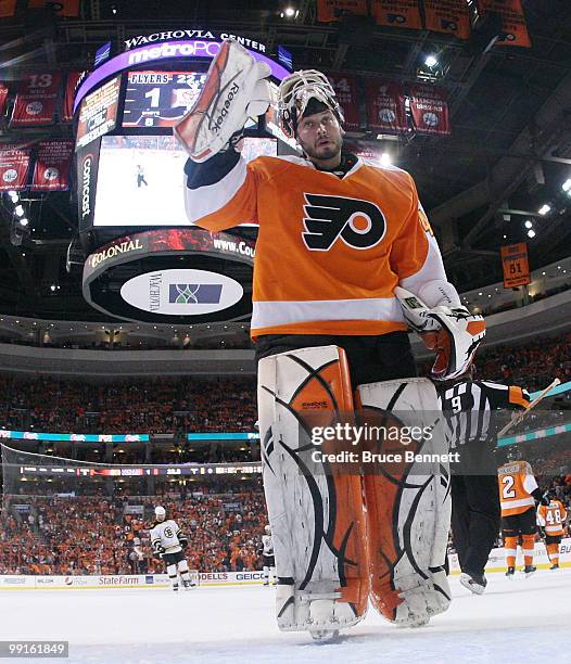 Michael Leighton of the Philadelphia Flyers takes a break during his game against the Boston Bruins in Game Six of the Eastern Conference Semifinals...