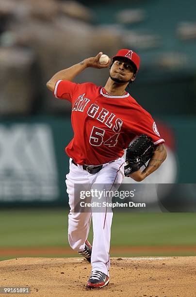 Ervin Santana of the Los Angeles Angels of Anaheim throws a pitch against the New York Yankees on April 23, 2010 at Angel Stadium in Anaheim,...