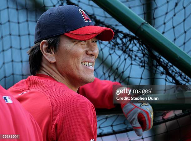 Hideki Matsui of the Los Angeles Angels of Anaheim stands a the cage during batting practice for the game against the New York Yankees on April 23,...