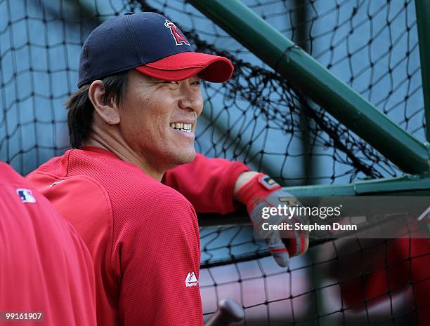 Hideki Matsui of the Los Angeles Angels of Anaheim stands a the cage during batting practice for the game against the New York Yankees on April 23,...