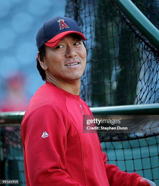 Hideki Matsui of the Los Angeles Angels of Anaheim stands a the cage during batting practice for the game against the New York Yankees on April 23,...