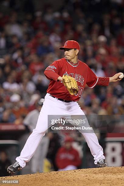 Closer Brian Fuentes of the Los Angeles Angels of Anaheim throws a pitch in the ninth inning on his way to picking up a save against the New York...