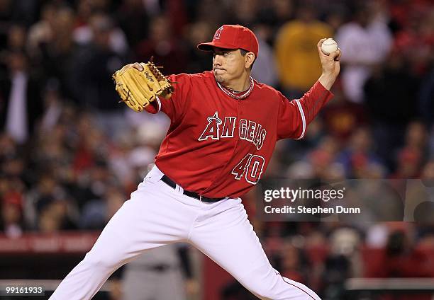 Closer Brian Fuentes of the Los Angeles Angels of Anaheim throws a pitch in the ninth inning on his way to picking up a save against the New York...