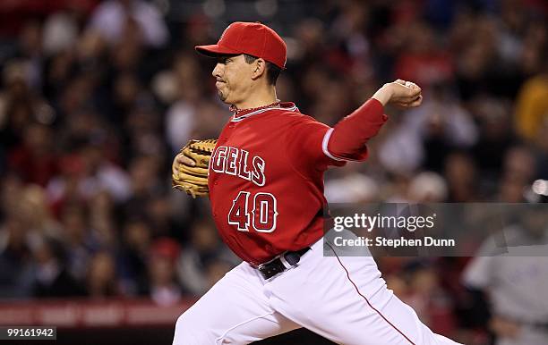 Closer Brian Fuentes of the Los Angeles Angels of Anaheim throws a pitch in the ninth inning on his way to picking up a save against the New York...