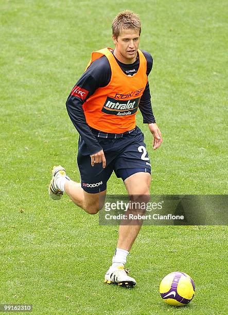Adrian Leijer of the Victory controls the ball during a Melbourne Victory A-League training session at AAMI Park on May 13, 2010 in Melbourne,...