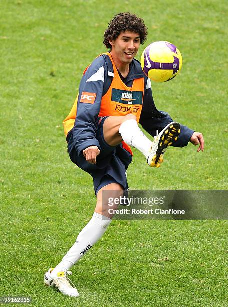 Marvin Angulo of the Victory controls the ball during a Melbourne Victory A-League training session at AAMI Park on May 13, 2010 in Melbourne,...