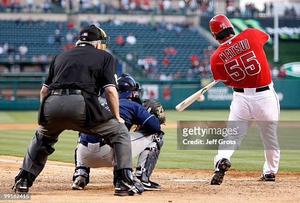 Hideki Matsui of the Los Angeles Angels of Anaheim hits a ground ball to first base against the Tampa Bay Rays in the eighth inning at Angel Stadium...