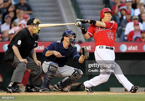 Hideki Matsui of the Los Angeles Angels of Anaheim hits a ground ball to first base against the Tampa Bay Rays in the eighth inning at Angel Stadium...