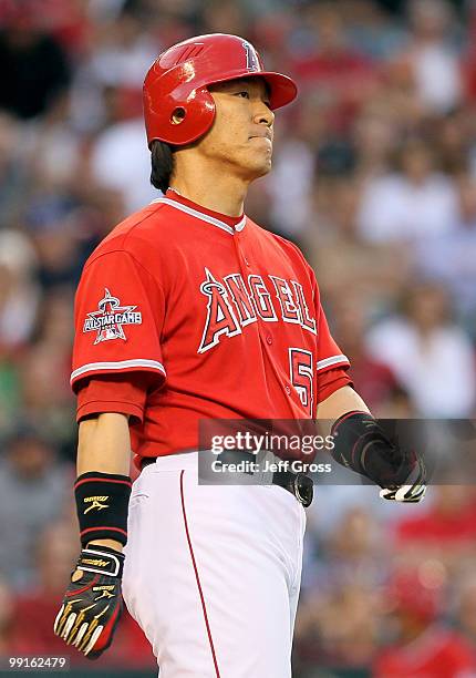 Hideki Matsui of the Los Angeles Angels of Anaheim looks on after grounding out to first base against the Tampa Bay Rays in the eighth inning at...