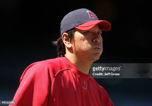 Hideki Matsui of the Los Angeles Angels of Anaheim looks on during batting practice prior to the start of the game against the Tampa Bay Rays at...