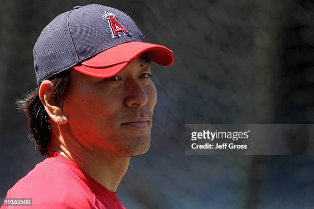 Hideki Matsui of the Los Angeles Angels of Anaheim looks on during batting practice prior to the start of the game against the Tampa Bay Rays at...