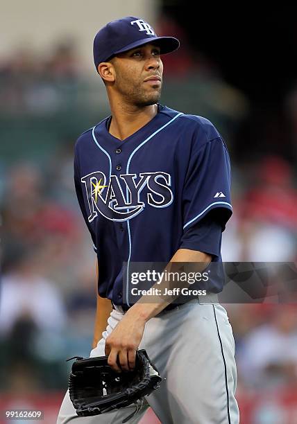 David Price of the Tampa Bay Rays comes out of the game in the seventh inning against the Los Angeles Angels of Anaheim at Angel Stadium on May 12,...