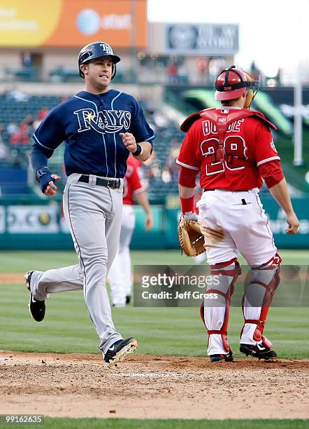Evan Longoria of the Tampa Bay Rays scores on a double by teammate B.J. Upton in the sixth inning against the Los Angeles Angels of Anaheim at Angel...