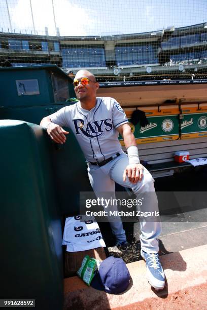 Carlos Gomez of the Tampa Bay Rays stands in the dugout prior to the game against the Oakland Athletics at the Oakland Alameda Coliseum on May 31,...