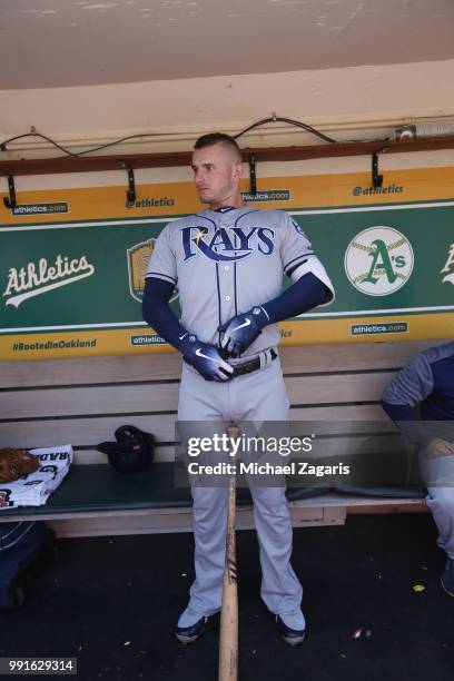 Daniel Robertson of the Tampa Bay Rays stands in the dugout prior to the game against the Oakland Athletics at the Oakland Alameda Coliseum on May...