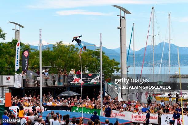 France's Renaud Lavillenie competes in the men's polevault event ahead of the IAAF Diamond League athletics meeting Athletissima in Lausanne on July...