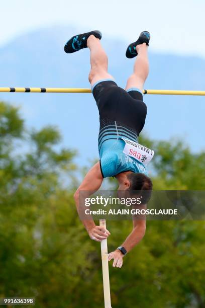 France's Renaud Lavillenie competes in the men's polevault event ahead of the IAAF Diamond League athletics meeting Athletissima in Lausanne on July...