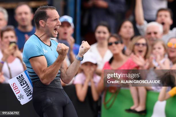 France's Renaud Lavillenie reacts as he competes in the men's polevault event ahead of the IAAF Diamond League athletics meeting Athletissima in...