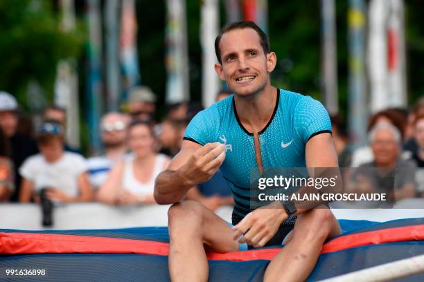 France's Renaud Lavillenie reacts as he competes in the men's polevault event ahead of the IAAF Diamond League athletics meeting Athletissima in...