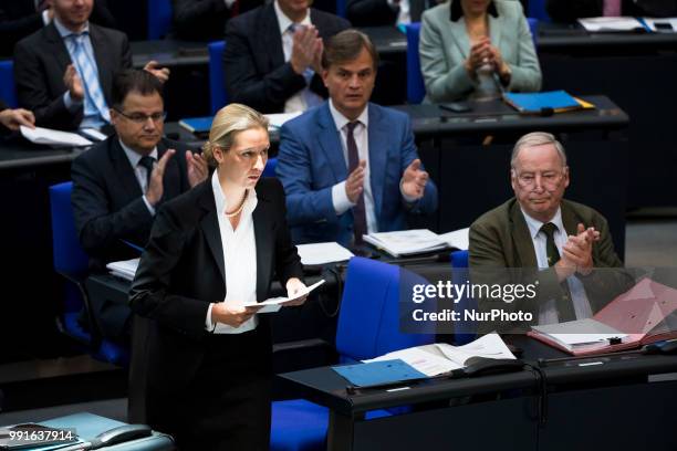 Parliamentary fraction co-leader of Alternative for Germany party Alice Weidel arrives to speak during the 45th Plenary Session of Bundestag German...