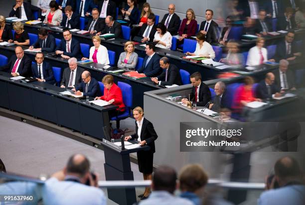 Parliamentary fraction co-leader of Alternative for Germany party Alice Weidel speaks during the 45th Plenary Session of Bundestag German Lower House...