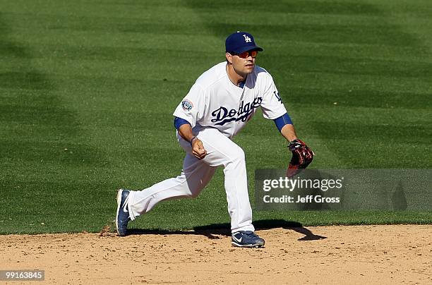 Jamey Carroll of the Los Angeles Dodgers plays against the Arizona Diamondbacks at Dodger Stadium on April 13, 2010 in Los Angeles, California.